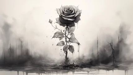 Papier Peint photo Lavable Matin avec brouillard A charcoal drawing of a beautiful rose style Ai generated art