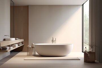 Fototapeta na wymiar Contemporary modern classic minimalist bathroom with a freestanding bathtub, sleek fixtures, and a neutral color palette