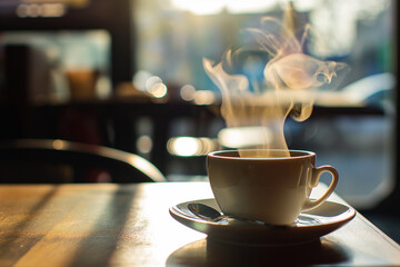 Experience the cozy ambiance of a cafe table as soft morning light illuminates a cup of coffee with gentle steam rising. Ai generated