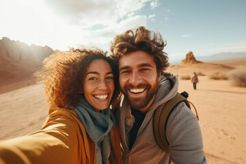 couple taking selfie in the middle of desert - obrazy, fototapety, plakaty