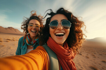 two women were taking a selfie in the desert while wearing sunglasses - obrazy, fototapety, plakaty