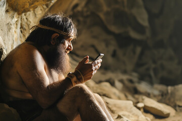 Journey into the past as a caveman marvels at the modern wonder of a smartphone, a captivating blend of ancient and futuristic times. Ai generated