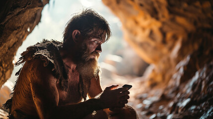 Journey into the past as a caveman marvels at the modern wonder of a smartphone, a captivating blend of ancient and futuristic times. Ai generated