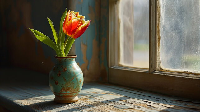 Embrace the simplicity and vibrancy of a single tulip resting in a vintage vase illuminated by soft natural light near a window. Ai generated