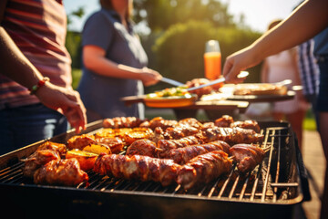 Friends having a barbecue on a sunny day - obrazy, fototapety, plakaty