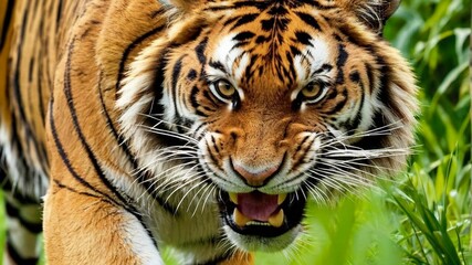 A realistic close up shot of a tiger in the forest highlighting strength, confidence, danger and control