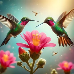 Aerial Ballet: Fiery-throated Hummingbirds Gracefully Soar by a Pink Bloom in Savegre, Costa Rica.