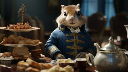 A chipmunk wearing a blue victorian coat on an egg Ai generated art