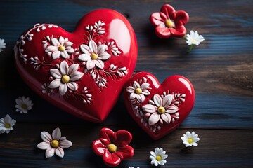 Obraz na płótnie Canvas Red ceramic hearts on wooden table. Valentines day