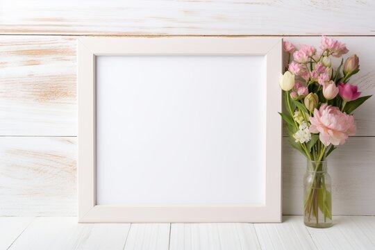 Decorated vintage photo frame with flowers on wooden background