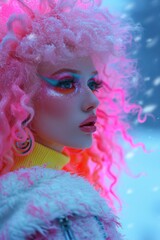 Ethereal woman with pink curly hair under vibrant neon lighting in a magical portrait