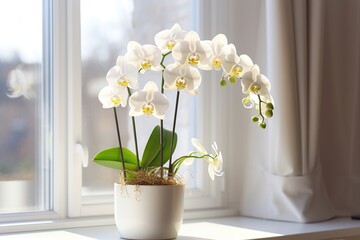 Beautiful white orchid flower in pot on windowsill