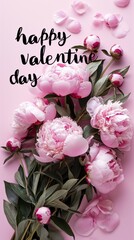 Vibrant and overflowing bouquet of peonies on a pink background with 'happy valentine day' caption