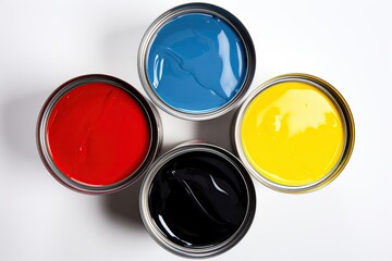Metal cans with paint on white background