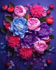 Beautiful arrangement of colorful paper flowers on a contrasting blue and red background