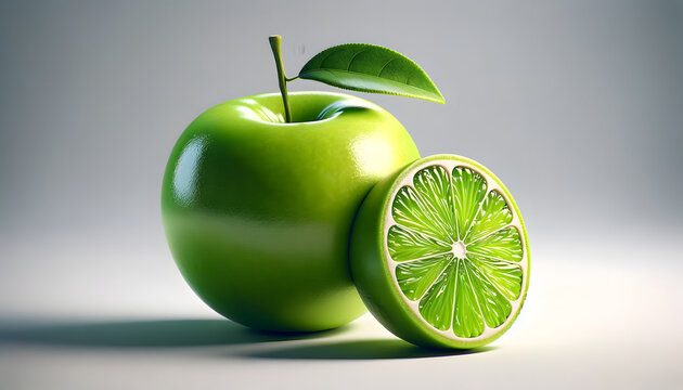 Showcasing a creative blend, this image features a fruit with the outer appearance of a glossy green apple and the inner citrus characteristics of a lime, presented on a stark white background.