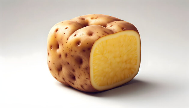 Defying the norms of root vegetables, this photorealistic depiction shows a potato with a square silhouette, its cross-section revealing the familiar starchy interior.