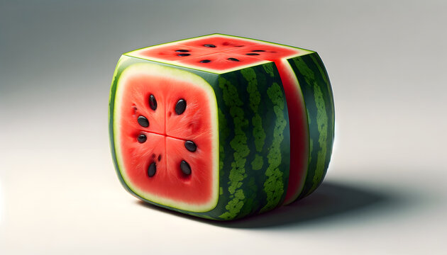 An intriguing photorealistic image that reimagines the watermelon with a square form, featuring a cut section that displays its succulent red interior and contrasting black seeds.