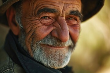 A weathered senior citizen gazes stoically at the camera, his lined forehead and rugged facial hair telling the story of a life well-lived, his hat adding a touch of character to his otherwise simple