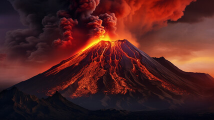 Breathtaking view of a volcano with a lava flow. - obrazy, fototapety, plakaty