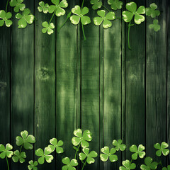 Green wood background with four leaf clover shamrocks around the border. A Saint Patrick's day...