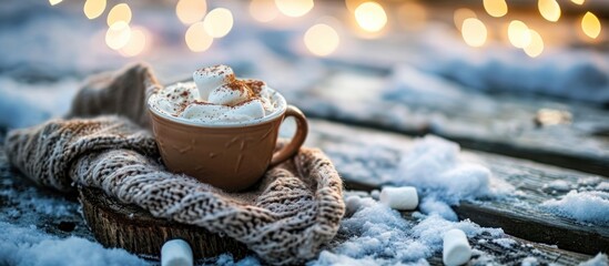 Hot cocoa with marshmallows and a scarf on wooden boards in the snow.