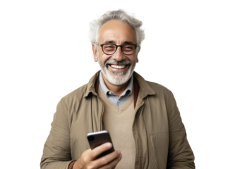 medium shot of mature man with a cell phone white
background, PNG, overlay, transparent background