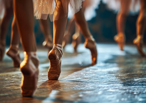 Ballet dancers and ballerinas performing ballet practice in art studio and standing in pointe shoes