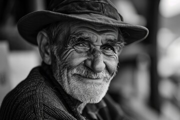 A stoic senior citizen dons a worn hat, adding character to his wrinkled face as he walks the streets, embodying the timeless style of a man who has seen it all