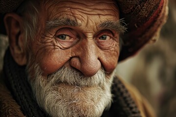 An aged man's face is captured in a detailed portrait, showcasing his weathered skin, prominent wrinkles, and bushy beard, as he gazes directly at the viewer with a sense of wisdom and pride, donning