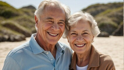 Elderly couple smiling on a sandy beach, blue sky in the background.