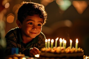 A joyful boy eagerly awaits his birthday wish as he smiles at the delectable cake adorned with flickering candles and intricate decorations - obrazy, fototapety, plakaty