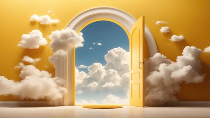 3D rendering of an open door in a yellow room with clouds in the sky