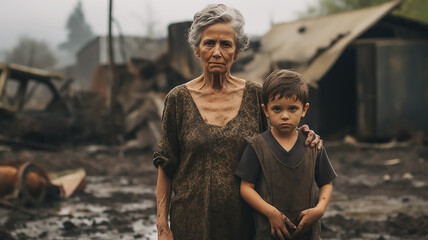 Junge und seine Oma stehen vor ihrem zerstörten Zuhause