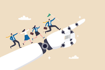 AI Artificial Intelligence help support business success, technology or innovation for new opportunity, invention for business growth concept, business people walking up on robot hand pointing up.