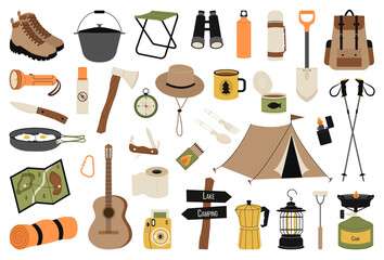 Camping and hiking set. Vector hand drawn illustration collection of outdoor recreation elements: cartoon chair, boots, tent, map, backpack, binoculars, shovel, axe, knife, frying pan, guitar, thermos - obrazy, fototapety, plakaty