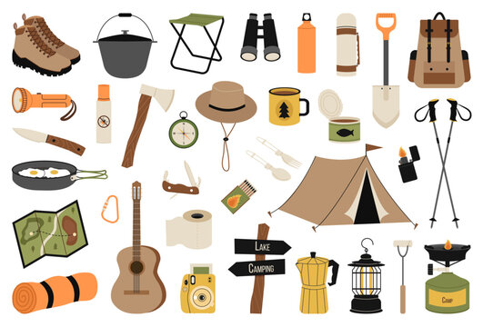 Camping and hiking set. Vector hand drawn illustration collection of outdoor recreation elements: cartoon chair, boots, tent, map, backpack, binoculars, shovel, axe, knife, frying pan, guitar, thermos