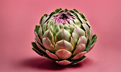 Obraz premium Green and pink colorful artichoke closeup on a pink background. Plants flat lay. Top view gardening, horticulture theme. Wide screen wallpaper. Panoramic web banner with copy space for design.