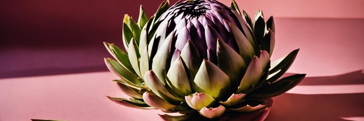 Green and pink colorful artichoke closeup on a pink background. Plants flat lay. Top view gardening, horticulture theme. Wide screen wallpaper. Panoramic web banner with copy space for design.