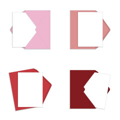 Greeting card mockup. Set of white vertical greeting cards on pink and red envelopes flat lay top view mockup template. Isolated on white background. Vector illustration.