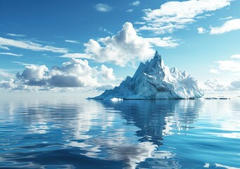 A majestic iceberg floating on the calm blue waters of the ocean under a clear sky with wispy clouds, reflecting the majesty of nature