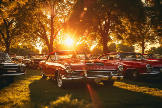 Vintage car show in a scenic countryside with enthusiasts and visitors admiring classic cars.