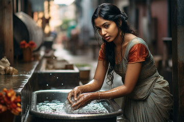 Fototapeta na wymiar Indian woman washing her hands or doing laundry from a street tap, water shortage problem, hygiene,