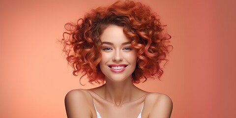 attractive woman beaming in a setting adorned with a delightful peach fuzz color theme