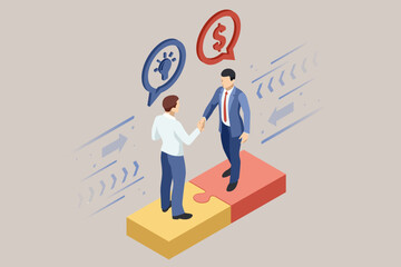 Concept of isometric puzzle assembly featuring light bulb and currency, representing investment and virtual finance. Engaging in an idea and attracting investors