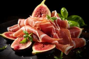 close-up of slices of jamon or prosciutto with figs