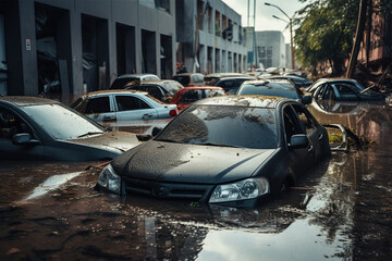 Flooded cars on the streets after the flood and tsunami disaster