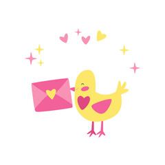 Valentine's day, February 14. Vector illustrations of cute bird with love letter. Drawings for postcard, card, congratulations and poster.