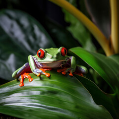 small green frog with red eyes.