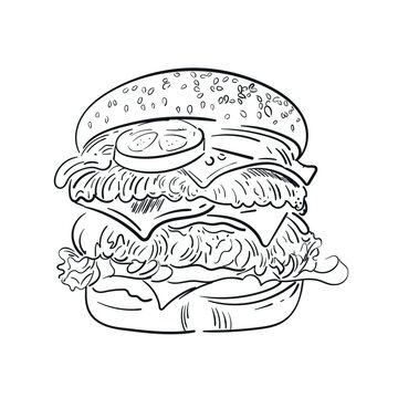 recommend clip art: Tasty hamburger hand drawn with contour lines on white background. Drawing of juicy burger or sandwich with meat, cheese and vegetables, delicious fast food meal. Monochrome illustration